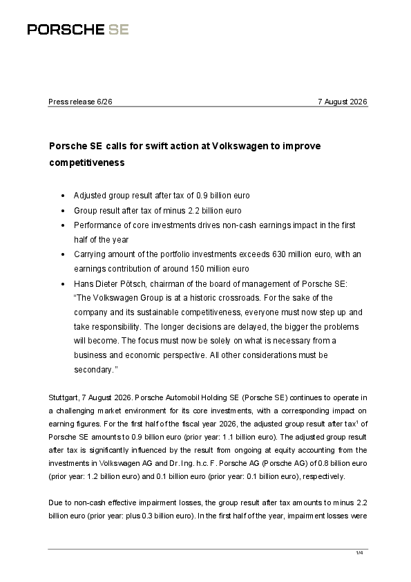 Porsche SE: Porsche SE calls for swift action at Volkswagen to improve competitiveness